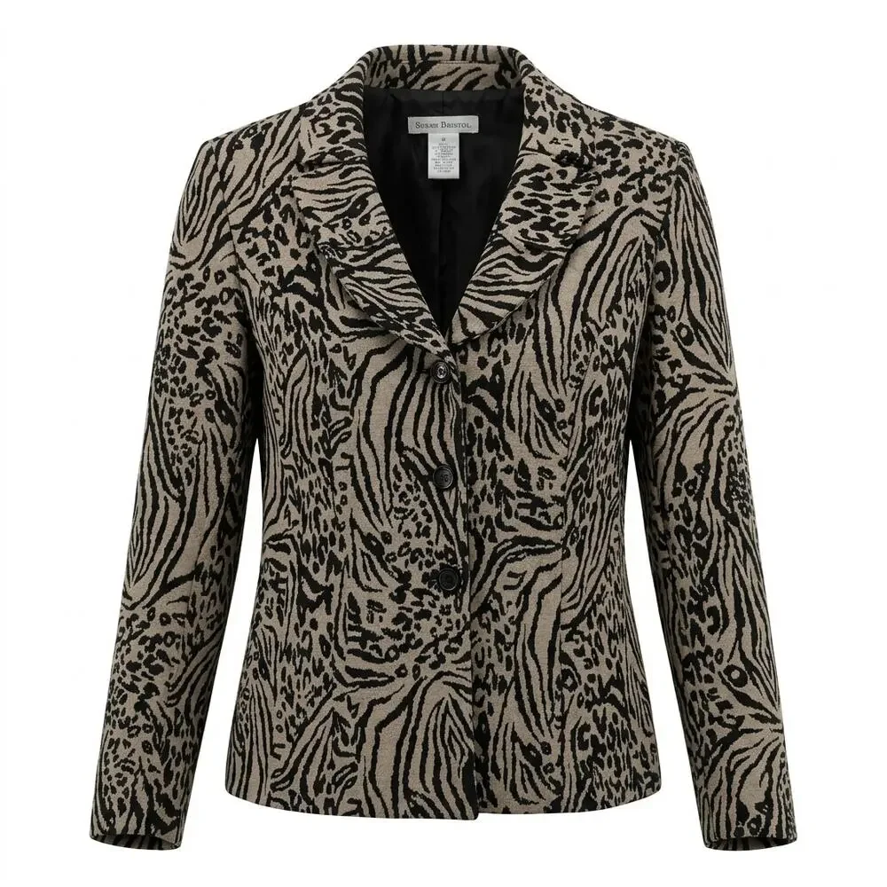 Susan Bristol Black Beige Animal Print Lined Jacket Women Size M